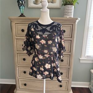Meadow Rue Navy Floral Sheer Blouse